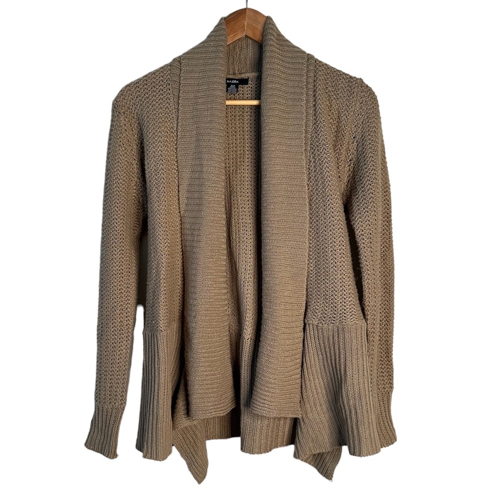 Womens Open Front Belted Beige Sweater Small